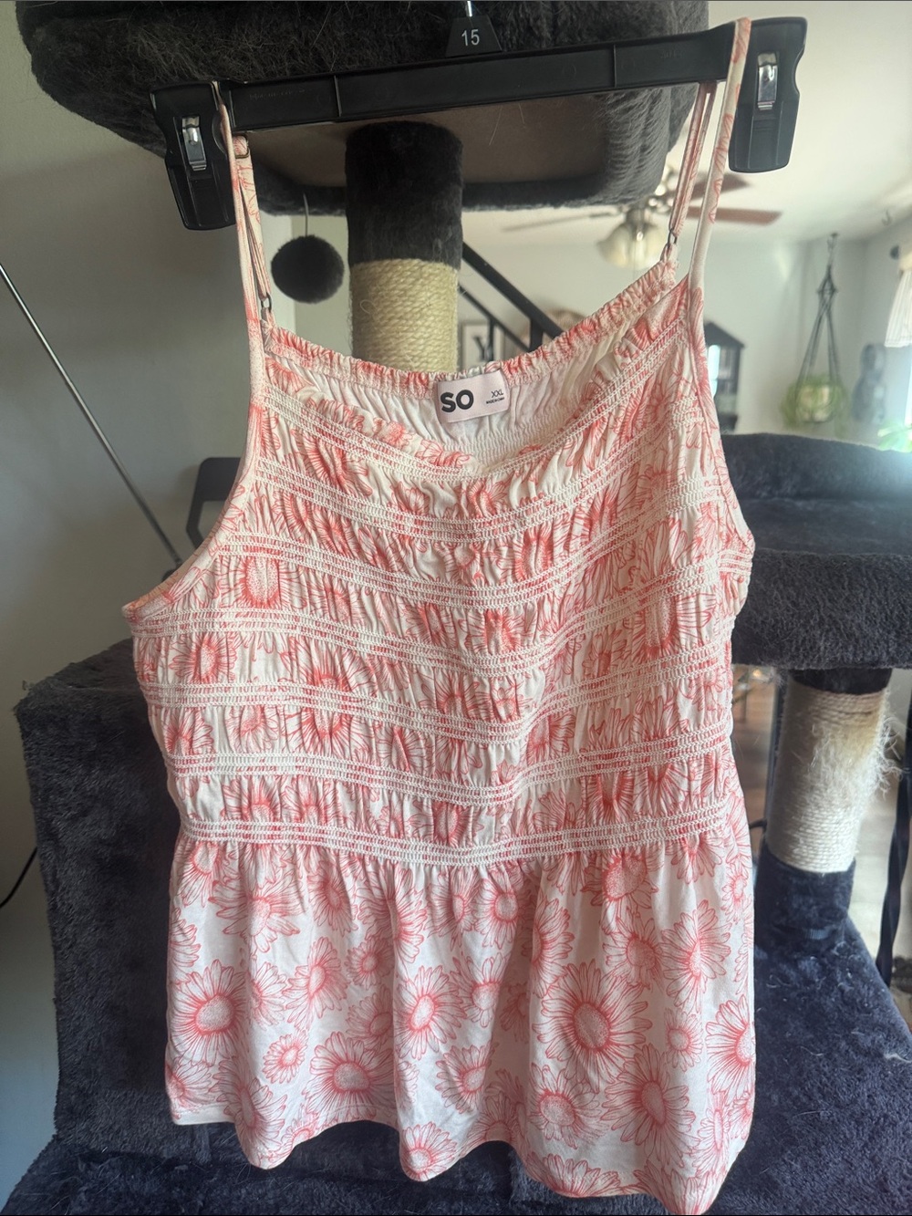 SO White and Pink Floral Smocked Peplum Cami